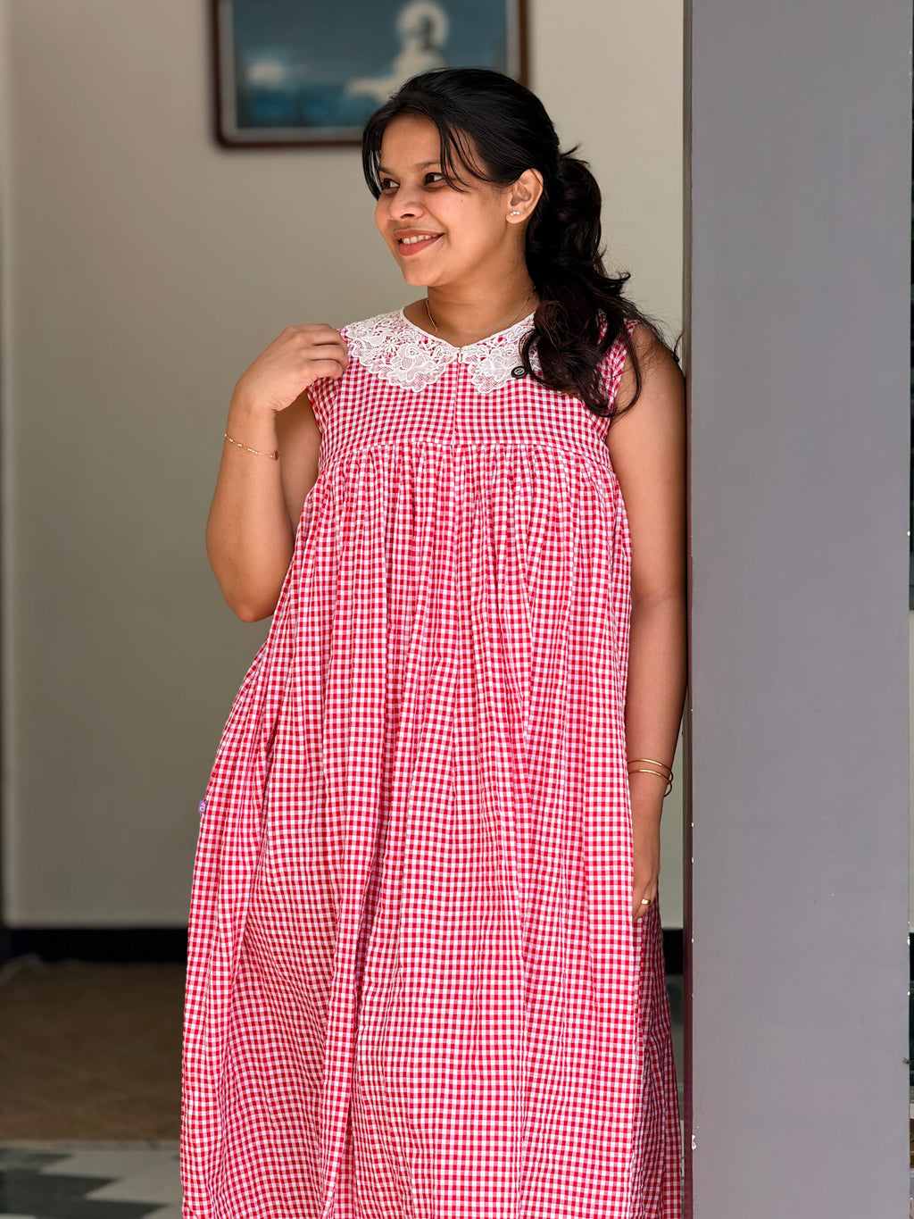 Red and white cheque with floral collar