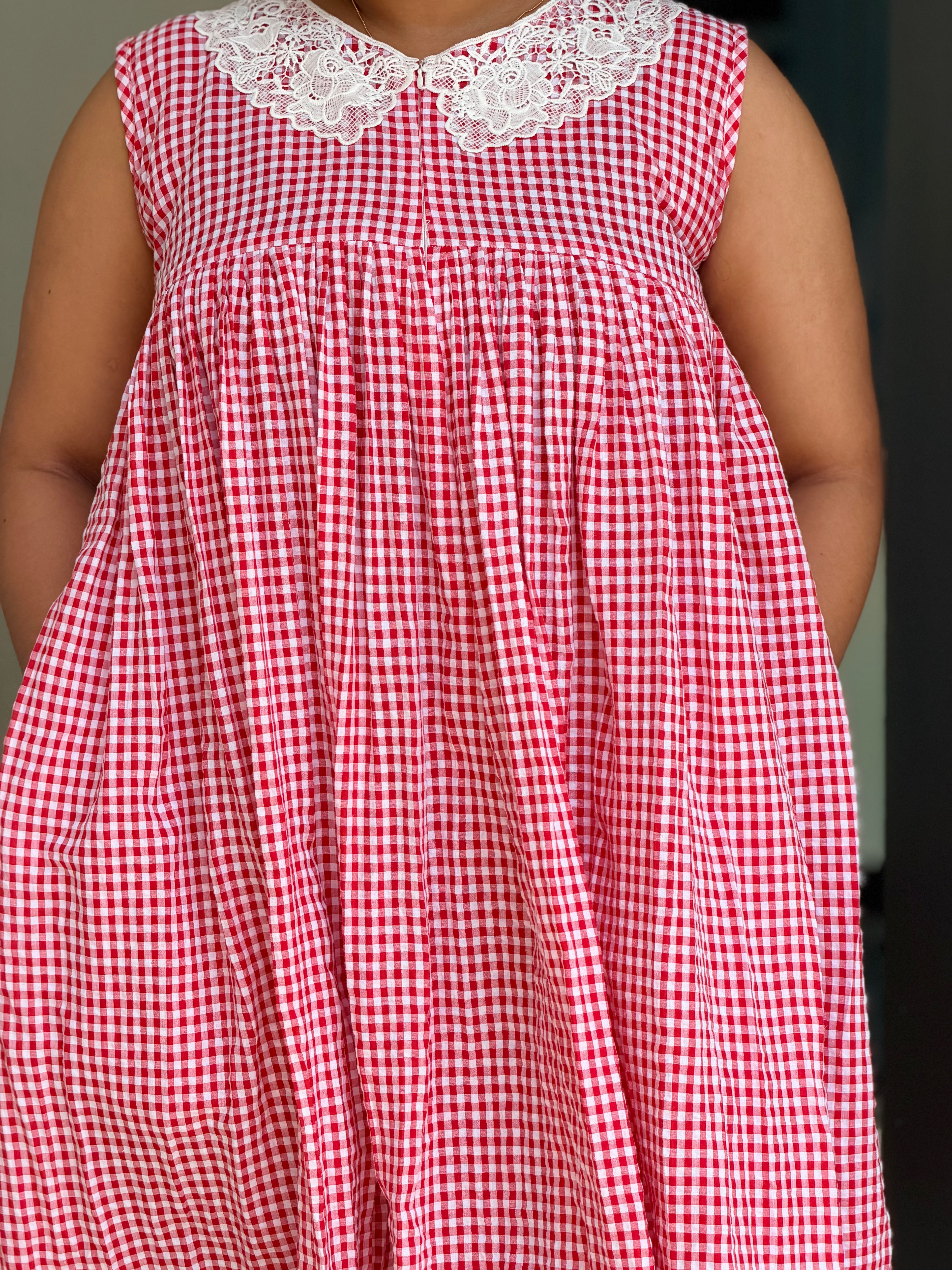 Red and white cheque with floral collar
