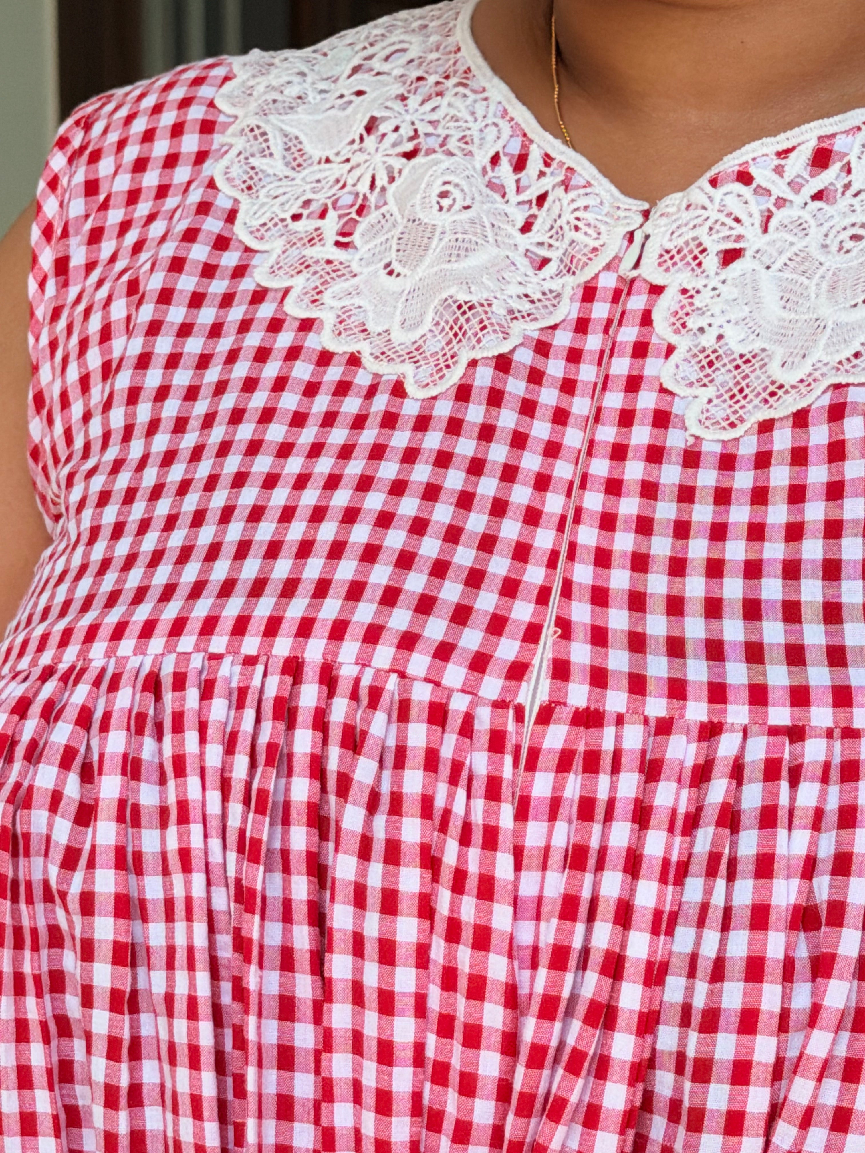 Red and white cheque with floral collar